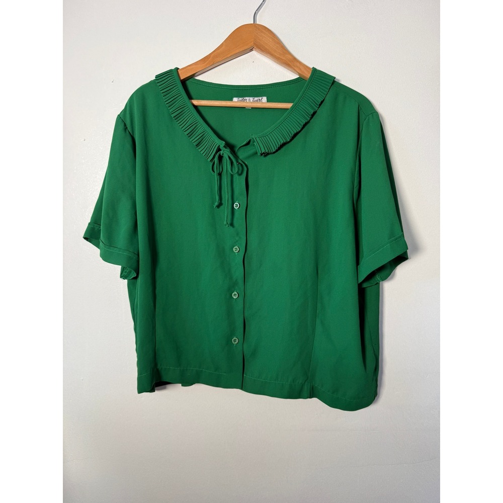 Tailor & Twirl Green Pleated Collar Tie Neck Button Up Blouse Womens 3X Retro